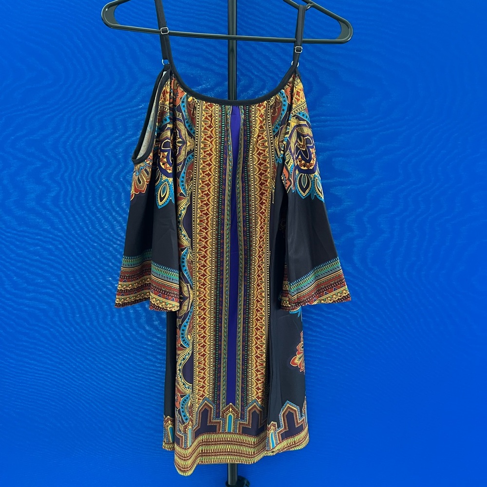 Vintage Print Kimono Sleeve Geometric Tunic Boho Dress (Off the shoulder)